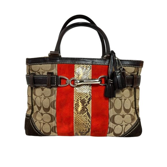 Vtg Coach Hampton Belted Tote Bag Medium Beige Red Canvas Snake Suede Leather - Picture 1 of 11